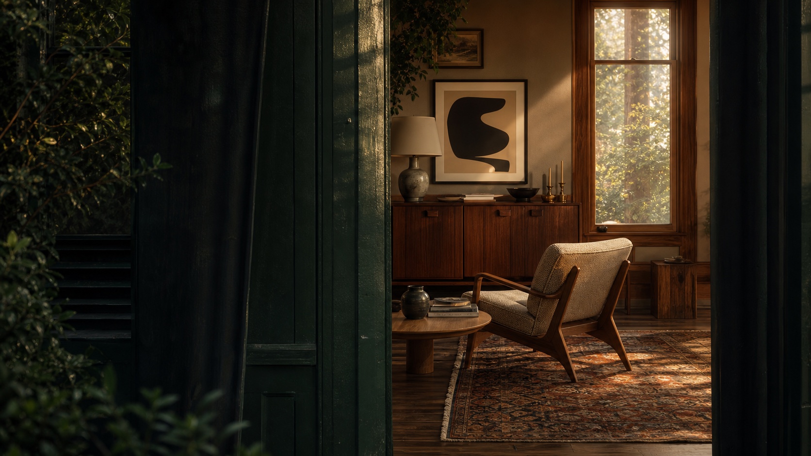 A warmly lit room seen through a dark doorway